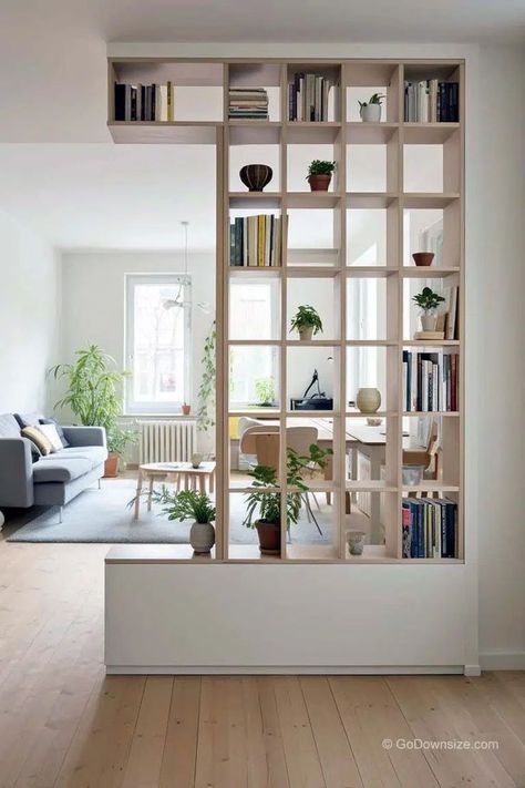 Partition Wall With Shelves, Wall Partition With Storage, Room Divider Living Room Dining Room, Room Divider Ideas Bookshelves, Open Room Divider, Bookshelf Partition Wall, How To Divide Kitchen From Living Room, Room Seperating Wall, Wooden Dividers Living Rooms