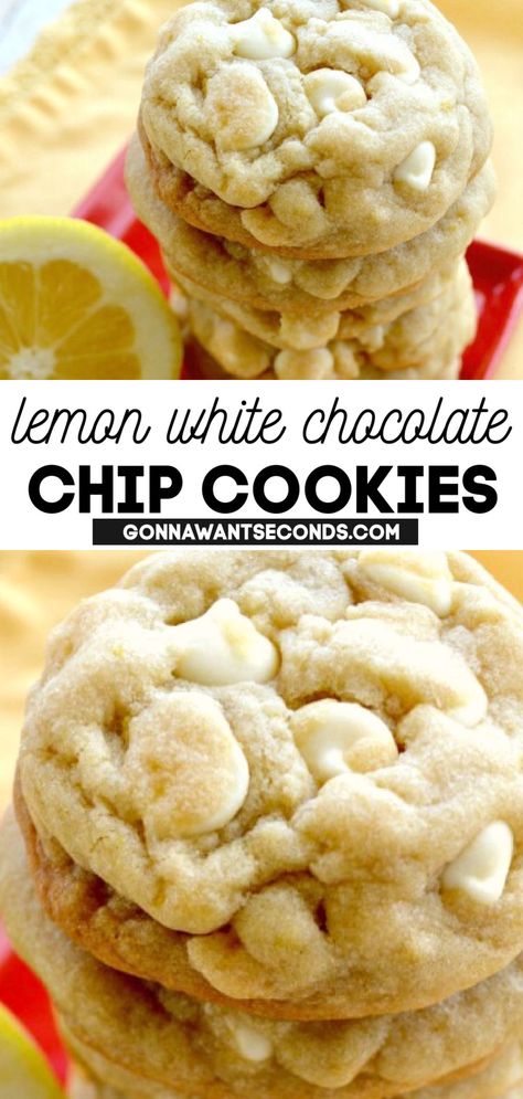 Lemon White Chocolate Chip Cookies stack on top of each other Lemon White Chocolate Chip Cookies, White Choc Chip Cookies, White Chocolate Chips Recipes, Lemon Cookie Recipe, White Chocolate Chip Cookies Recipes, Lemon Sugar Cookie, Lemon White Chocolate, Fun Meals, Fabulous Desserts