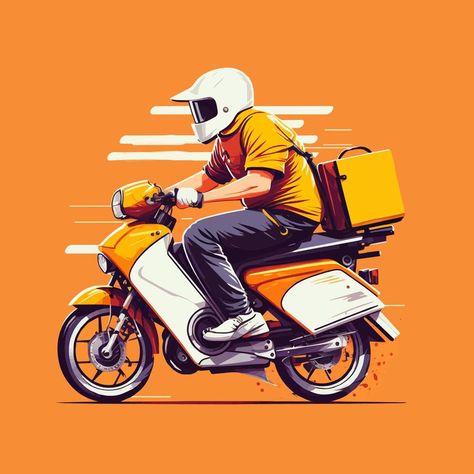 food Delivery man riding scooter motorcycle illustration flat style vector Delivery Guy Illustration, Food Delivery Illustration, Free Delivery Poster, Delivery Man Illustration, Delivery Poster Design, Man Riding Motorcycle, Scooter Illustration, Delivery Illustration, Delivery Motorcycle