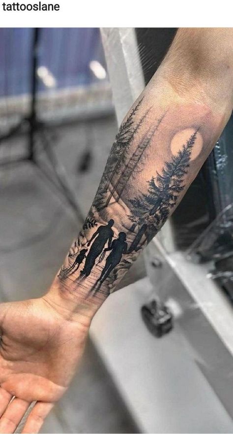 Nature Tattoos For Men, Mountain Sleeve Tattoo, Forest Forearm Tattoo, Forest Tattoo Sleeve, Natur Tattoo Arm, Outdoor Tattoo, Scenery Tattoo, Half Sleeve Tattoos Forearm, Most Beautiful Butterfly