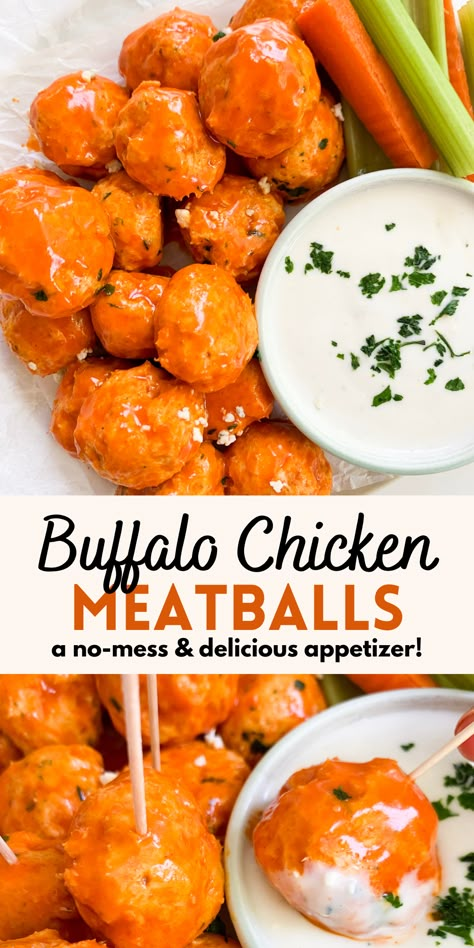 Veggie Sticks, Baked Meatballs, Buffalo Chicken Meatballs, Baked Buffalo Chicken, Chicken Meatball Recipes, Chicken Meatballs, Buffalo Sauce, Buffalo Wings, Football Food