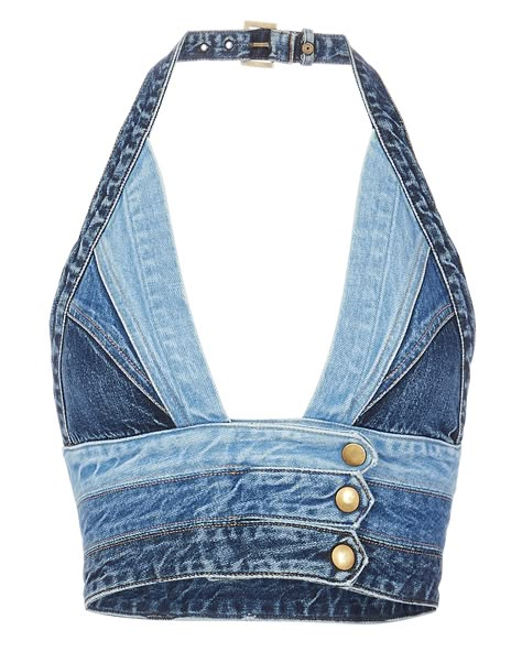 This denim halter top features a plunging neckline and triple snap buttons at its cropped waist. Buckle closure at back neck. Gold-tone hardware. Topstitched details. In blue denim. Denim Halter Top, Tie Halter Top, Blue Halter Top, Top Jean, Mode Hippie, Halter Neck Crop Top, Denim Crop Top, Denim Outfits, Top Halter