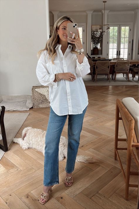 Oversized Poplin Button-Up Shirt curated on LTK Oversize Poplin Shirt Outfit, Button Up Shirt Jeans Outfit Women, White Button Down Shirt Outfit Pregnant, White Oversized Button Up, Women’s Oversized Button Up, Black Jeans White Button Up, Jeans And Oversized Button Up, Oversized Linen Button Up Shirt Outfit, Maternity Button Down Shirt