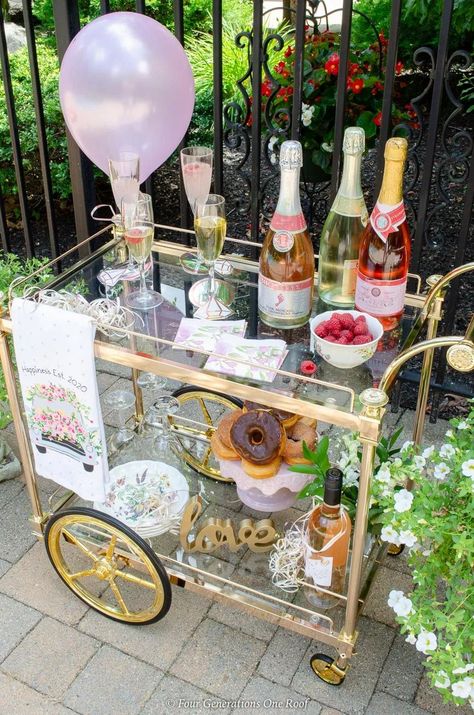 Bar Cart Bridal Shower on a budget + How to make a champagne station on a bar cart Backyard Bridal Shower Ideas, Champagne Station, Bar Cart Office, Theme Bridal Shower Ideas, Bridal Shower Bar, Cart Decorating Ideas, Bar Cart Styling Ideas, Glass Easter Eggs, Decorative Gift Boxes