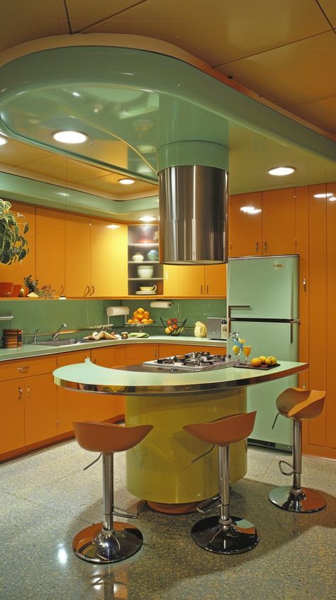 Revisiting Retro: Exploring the Enduring Appeal of Vintage Kitchens — Living Bright Interiors Kitchen Retro Ideas, 70s Retro Futurism Interior, Contrast Colors Interior Design, Crazy Interior Design Creative, Atomic Age Kitchen, Retro House Interior Design, Retro Vintage Furniture, Atomic Age Interior Design, 60s Design Interior