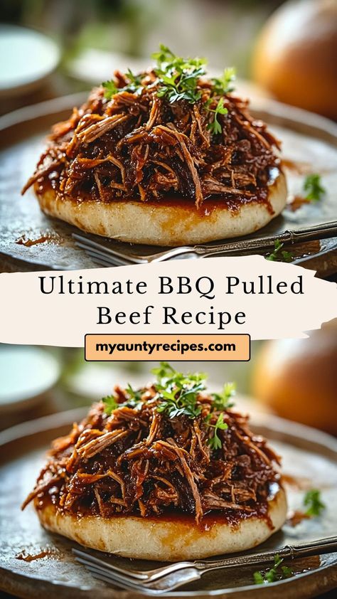 This Easy BBQ Pulled Beef recipe is a must-have for any barbecue lover! Slow-cooked to achieve maximum tenderness, the beef is infused with rich, smoky flavors and served in a savory barbecue sauce. Perfect for sandwiches, this dish is easy to make and ideal for gatherings or weeknight dinners. Pair with your favorite sides for a satisfying meal everyone will enjoy! Shredded Barbecue Beef, Bbq Roast Beef Sandwich, Barbecued Beef Sandwiches, Pulled Beef Roast Crockpot Recipes, Pulled Beef Oven Recipe, Bbq Pulled Beef Crockpot, Barbeque Beef Sandwiches, Slow Cooked Pulled Beef, Pulled Beef Sandwich