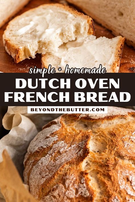 Crusty French Bread Recipe, Oven Bread, Dutch Oven Bread, French Bread Recipe, Knead Bread Recipe, Artisan Bread Recipes, Rustic Bread, Dutch Oven Recipes, Loaf Of Bread