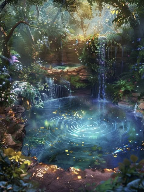 Magical Island Art, Magical Island Aesthetic, Magic Forest Aesthetic, Moonlit Waterfall, Fairy Magic Aesthetic, Fairy Jungle, Magical Forest Aesthetic, Jungle Fairy, Flowers Glowing