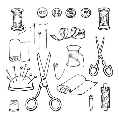 Hand drawn sewing tools. Thread, needle, pins, scissors, buttons. Vector illustration Needle And Thread Tattoo Design, Embroidery Tools Drawing, Thread Drawing Ideas, Sewing Drawing Art, Cute Items Drawing, Pattern Making Tools, Sewing Tattoo Ideas Simple, Sewing Needle Drawing, Sewing Tools Drawing