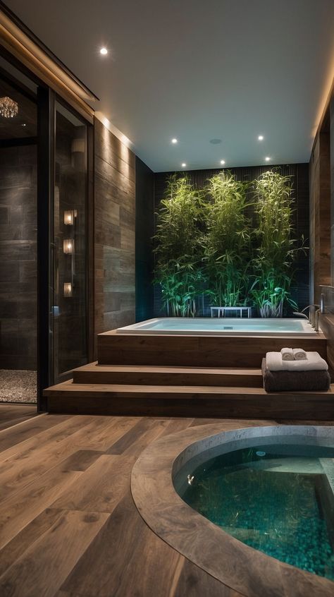 Home Spa Retreat Designs for Ultimate Comfort and Peace 2 Headed Shower Ideas, Home Hot Tub Ideas, Luxury Home Wellness Room, Home Gym And Spa Ideas, Retreat Bathroom Ideas, 2 Person Jacuzzi Tub, Spa Feature Wall Ideas, Modern Spa Like Bathroom, Wellness Room In House