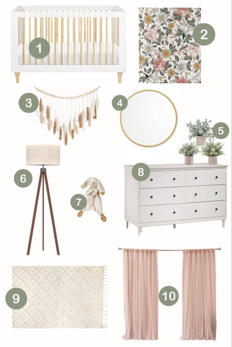 Neutral And Blush Nursery, Nursery Floral Decor, Blush And Mauve Nursery, Blush And Olive Nursery, Baby Girl Nursery Minimalist, Sage Green Pink Nursery Girl, Rose And Sage Nursery, Olive And Pink Nursery, Dusty Rose Boho Nursery