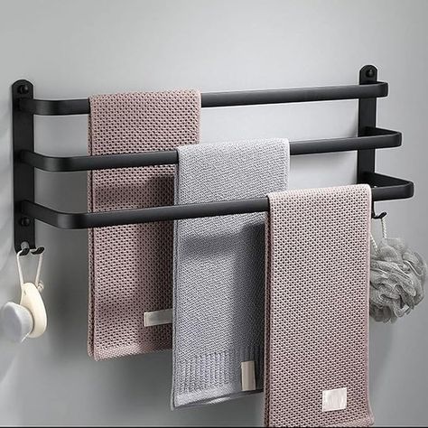 Towel Rack Holder Wall Mounted Space Aluminum Towel Rail Towel Bar Stands for Bathroom Hotel Kitchen (40cm, Black 3 Layer) : Amazon.co.uk: DIY & Tools Toallero Ideas, Shoe Storage Shelf, Hand Towel Holder, Hotel Kitchen, Hotel Bathroom, Towel Rack Bathroom, Drilling Holes, Sideboard Cabinet, Towel Rail