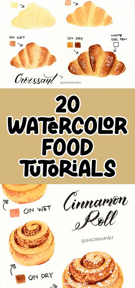 Learn how to paint mouthwatering croissants and cinnamon rolls with these adorable watercolor tutorials! Perfect for beginners and experienced artists alike. You'll also learn how to paint other food and dessert items like ice cream cones, cupcakes, fruit, and more. Food Recipes Drawing Art, Watercolor Cinnamon Roll, How To Draw A Croissant Step By Step, Dessert Painting Easy, Watercolor Baking Art, Food Illustration Art Creative, Watercolour Croissant, Watercolour Food Illustrations, Food Drawing Watercolor