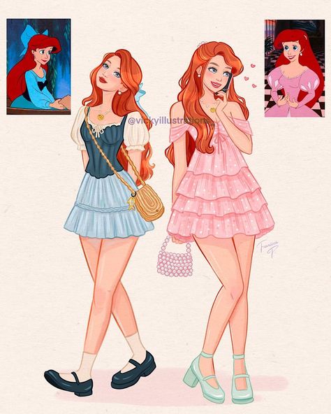 Modern Ariel, Fanart Challenge, Ariel Drawing, Little Mermaid Characters, Disney Doodles, Redhead Art, Ariel Cosplay, Pink And Blue Dress, Disney Belle