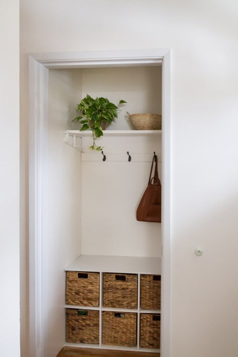 Hall Closet Made Into A Mini Mudroom - zevy joy Hall Closet Organization, Mini Mudroom, Coat Closet Ideas, Front Hall Closet, Front Closet, Mudroom Closet, Entry Closet, Entryway Closet, Hallway Closet