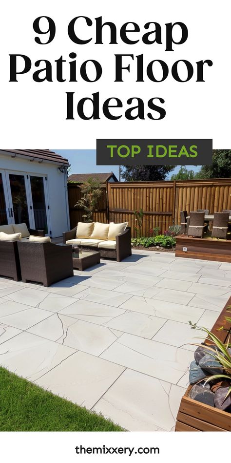 Well-maintained backyard patio with beige furniture on geometric tile flooring, showcasing landscaping inspiration for patio floor ideas. Gazebo Flooring Ideas Diy, Cheap Diy Patio Flooring, Ideas For Patio Flooring, Backyard Redo On A Budget, Covered Patio Flooring Ideas, Patio Flooring Ideas On A Budget, Inexpensive Patio Flooring, Patio Pavers Design On A Budget, Affordable Patio Ideas