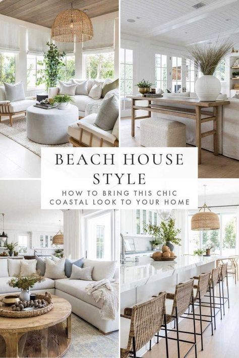 Beautiful beach house style decorating ideas to bring a touch of modern organic coastal style to your living room, bedroom, kitchen and home in 2024 - pure salt interiors Classy Beach House Interior Design, Beachy Style Home, New Beach House, Beach House With Dark Wood Furniture, Beautiful Interior Design Dream Homes, Small Apartment Coastal Decor, Open Beach House, Interior Design Beach Modern, Luxe Beach House