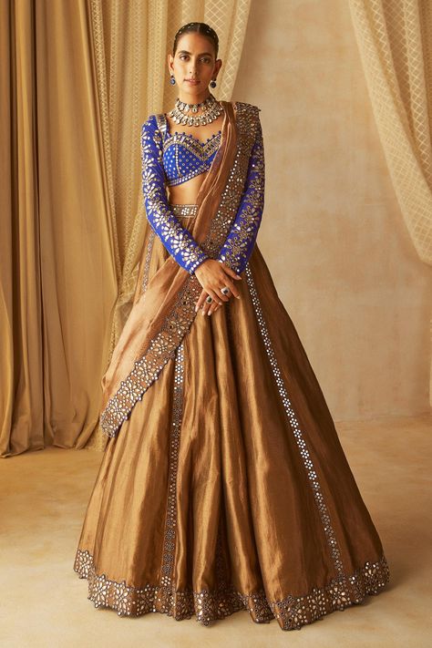 Buy Vvani by Vani Vats Brown Mirror Embroidered Lehenga Set Online | Aza Fashions Royal Indian Outfits, Copper Lehenga, Brown Lehenga, Shimmer Lehenga, Lehenga Ideas, Vani Vats, Sheer Dupatta, Langa Voni, Mirror Work Lehenga