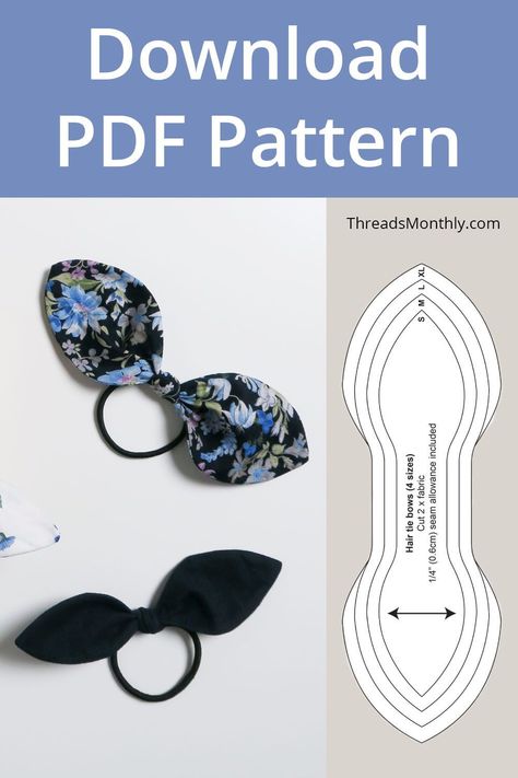 Use this free sewing pattern to make hair tie bows. This is a quick diy hair accessory project. Great for giving your old hair ties a new look, and as easy diy gifts. This printable pdf template has 4 bow sizes. If you're a beginner to sewing, this is an easy project to practise curves with. Hair Ties Diy, Girls Hair Bows Diy, Diy Hair Scrunchies, Sewing Templates, Pola Sulam, Bow Pattern, Diy Headband, Fabric Bows, Diy Hair Bows