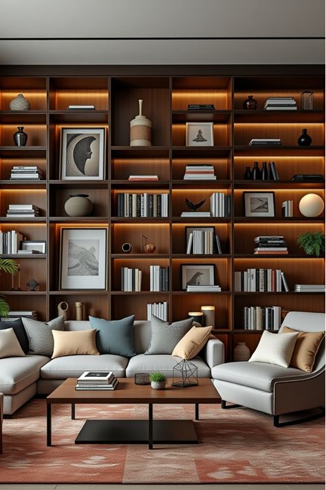 Stylish living room featuring curated geometric shelving Whole Wall Bookshelf, Wall To Wall Shelves Living Room, Home Library Minimalist, Decorating Bookshelf Ideas, Shelved Wall Living Room, Home Library Lounge, Interesting Bookshelves, Bookcase Wall Living Room, Living Room Library Wall