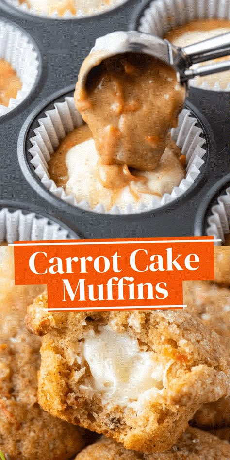 Start your morning off on the right foot with these irresistible Carrot Cake Muffins with cream cheese filling! Moist and flavorful muffins packed with grated carrots, spices and a surprise filling of creamy, tangy cream cheese. Carrot Cake Biscuits, Muffin Recipes Carrot Cake, Carrot Cake Streusel Muffins, Carrot Cake Muffins With Cream Cheese Filling, Surprise Carrot Cake, Cream Cheese Carrot Coffee Cake, Different Muffin Flavors, Best Carrot Cake Muffins, Carrot Cake Banana Bread Muffins