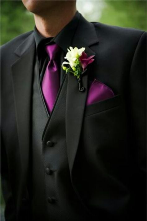 winter-black shirt and vest, plum tie, jacket for the ceremony only Gothic Wedding Theme, Wedding Tux, Tuxedo Wedding, Groom Wear, Purple Tie, Groom Groomsmen, Gothic Wedding, Wedding Suits Men, Groom Attire