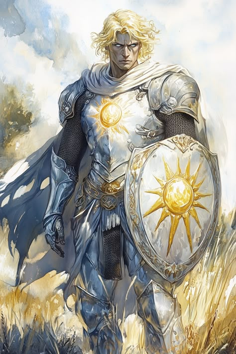 Orynus Jalarith stands tall with a muscular frame and a radiant, golden skin that seems to reflect light. His hair flows like molten gold, cascading past his shoulders and glinting in shades of yellow and orange. His eyes are a bright, piercing sapphire, surrounded by a faint halo that shimmers with ethereal energy. Clad in polished silver armor, a large shield emblazoned with a radiant sun motif... Sun Armor Fantasy Art, Orange Hair Character Design Male, Gold Character Art, Aasimar Art, Sun Armor, Paladin Character Art, Celestial Armor, Aasimar Dnd, Dnd Aasimar