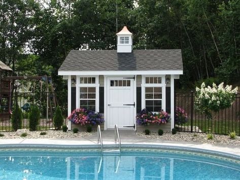 Small Pool Shed Ideas, Pool Shed Ideas, Small Pool House, Pool Sheds, Shed Pool House, Small Pool Houses, Pool House Shed, Pool House Decor, Simple Pool