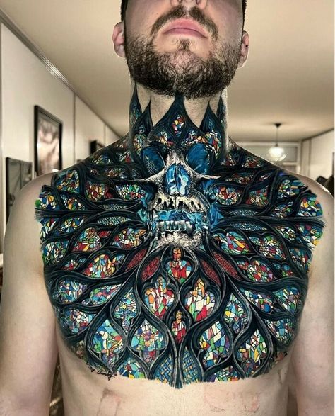 Yakuza Style Tattoo, Best Chest Tattoos, Cathedral Tattoo, Stained Glass Tattoo, Knight Tattoo, Biomechanical Tattoo, Muster Tattoos, Cool Chest Tattoos, Chest Tattoos