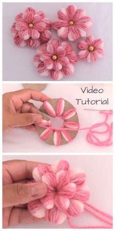 Cardboard Tutorial, Diy Embroidery Thread, Corak Krusye, Embroidery Yarn, Kraf Kertas, Diy Flores, Fleurs Diy, Yarn Flowers, Diy Yarn Crafts