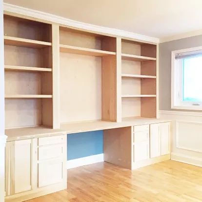 Built In Bookshelves, Office Built Ins, Furniture Woodworking, Office Crafts, Office Makeover, Built In Bookcase, Craft Room Office, Built In Desk, Built In Cabinets