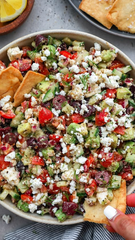 Avocado & Feta Mediterranean Salsa - Kalefornia Kravings Mediterranean Salsa, Greek Chicken Salad, Salmon Dishes, Think Food, Food Inspo, Mediterranean Recipes, Mediterranean Diet, Healthy Eats, Healthy Meals