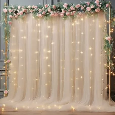 Curtain With Lights, Sheer Backdrop, Tulle Backdrop, Baby Shower Backdrops, Backdrop Curtains, Flower Wall Backdrop, Blue Tulle, Curtain Lights, Wall Backdrops