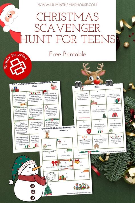 Download this free printable Christmas scavenger hunt with 12 challenging clues for teenagers. Perfect for holiday parties or family fun!#ChristmasGames #HolidayFun #ScavengerHuntForTeens Home Scavenger Hunt Clues For Adults, Stocking Scavenger Hunt, Christmas Themed Scavenger Hunt, Christmas Neighborhood Scavenger Hunt, Teenage Scavenger Hunt Clues, Clue Ideas For Scavenger Hunt, Neighborhood Christmas Scavenger Hunt, Santa Scavenger Hunt Christmas Morning, Christmas Eve Scavenger Hunt