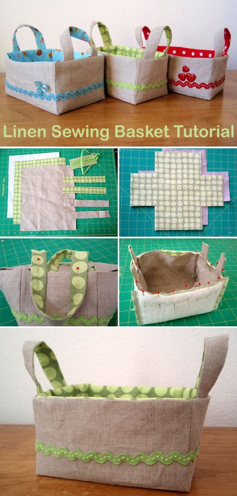 Sewing Basket Pattern, Diy Quilted Basket, Fabric Baskets To Sew, Sewing Basket Ideas, Fabric Scrap Basket, Fabric Basket Diy, Basket Sewing Pattern, Linen Sewing, Linen Basket