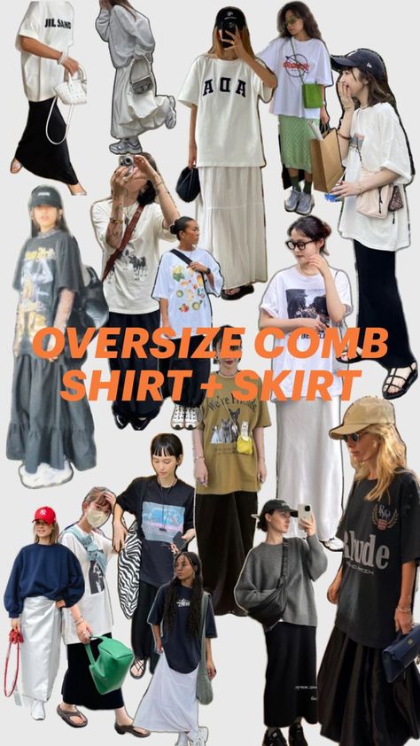 Oversized Summer Outfit, Shirt Skirt Outfit, Summer Vintage Outfits, Oversized Tee Outfit, Printed Skirt Outfit, Oversized Shirt Outfit, Oversize Outfit, Outfit Oversize, Oversized Tees