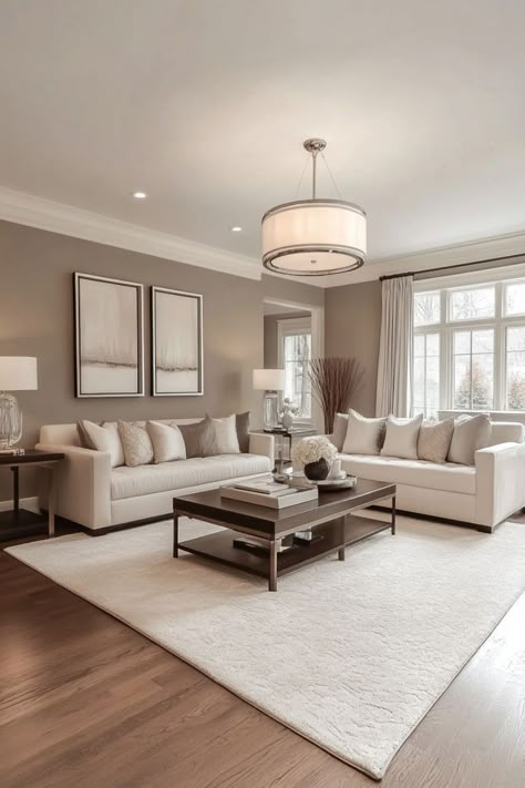 Create a calm and sophisticated living room with neutral tones. Mix soft beige, ivory, and gray for a serene and timeless look that’s perfect for relaxing. 🛋🌿✨ #NeutralLivingRoom #HomeDecor #ElegantSpaces #RelaxingVibes Neutral Living Room Grey Walls, Light Wall Colors For Living Room Cozy, Tan Color Living Room, Neutral Colours For Living Room, Neutral Living Room Colour Scheme, Neutral Living Room With Carpet, Light Color Schemes For The Home, Taupe Interior Design Living Rooms, Beige Walls Living Room Neutral Tones