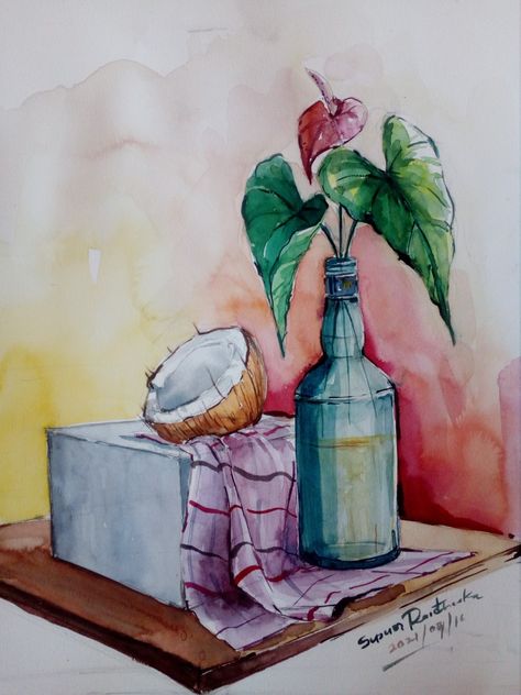 Still Life 3 Objects, Watercolor Objects Simple, Sketch Ideas Still Life, Drawing Ideas Still Life, Still Life Drawing With Pencil Colour, Water Colour Still Life Drawing, Still Life Drawing Elementary, Object Drawing Watercolour, Still Life Drawing Painting