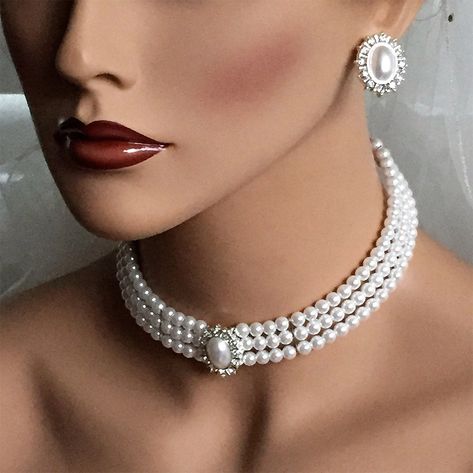 Bridal jewelry set, Bridal choker necklace earrings, Wedding choker, white Victorian pearl jewelry set, bridesmaid jewelry, choker set by GlamDuchess on Etsy Bridal Choker Necklace, Unique Bridal Jewelry, Pearl Jewelry Set, White Victorian, Evening Jewelry, Bridal Choker, Bridal Jewelry Set, Detailed Necklace, Vintage Inspired Jewelry