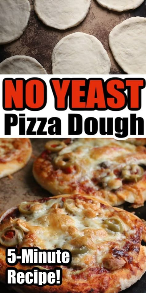 No yeast? No problem. This 5-ingredient, 5-minute no-yeast pizza dough recipe uses baking powder as a substitute for yeast. Perfect for one family-sized pizza or 6 mini personal-sized pizzas. #HappyHooligans #Homemade #Pizza #Dough #Crust #NoYeast #YeastFree #Quick #Easy #Recipe Pizza Dough Without Yeast, Dough Without Yeast, Quick And Easy Pizza Dough, Pizza Crust Recipe Easy, Yeast Pizza Dough, Dough Recipe Easy, Quick Pizza Dough, No Yeast Pizza Dough, Easy Pizza Crust