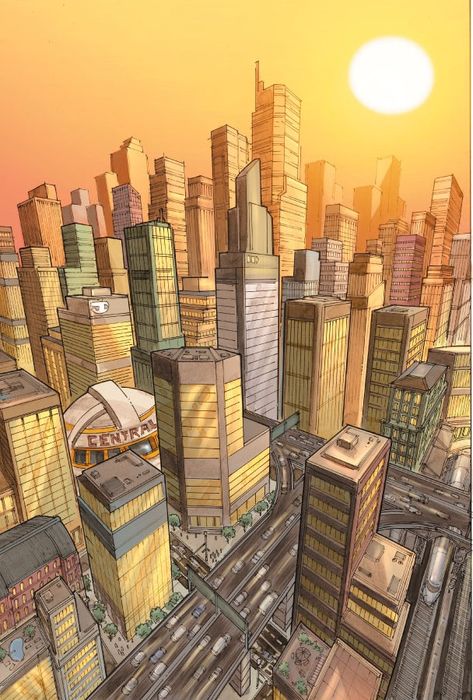 Central City screenshots, images and pictures - Comic Vine Book City, New Retro Wave, Background Drawing, Central City, Perspective Drawing, World Cities, Comic Collection, Fun Comics, City Art