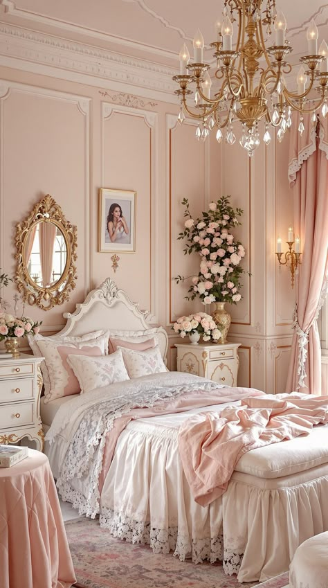 Pink Bedroom Ideas Princess Wall Decor Bedroom Ideas, Pink Luxury Bedroom Aesthetic, Pink Fancy Bedroom, Pink Classic Bedroom, Light Pink And Cream Bedroom, French Room Ideas, Pink Guest Bedroom Ideas, Pink Victorian Room Aesthetic, White Bed With Pink Accents