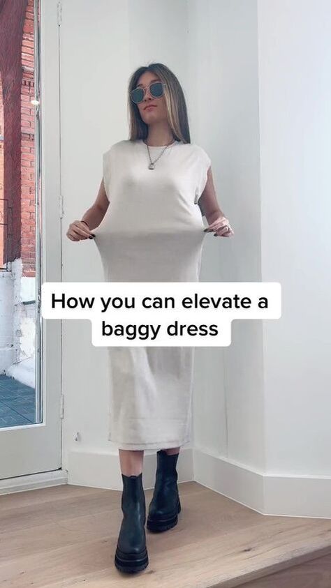 We’ve all got a baggy, shapeless dress somewhere in our wardrobe, right? Here's a no-sew hack for cinching in that baggy dress. Loose Dress Hack, Oversized Dress Hack, Dress Too Big Hacks No Sew, Shapeless Dress, Baggy Tshirt, Boxy Dress, Baggy Dresses, Fashion Hacks, Oversized Dress