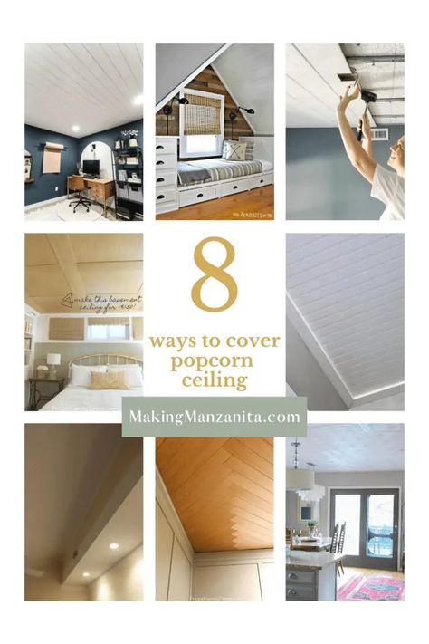 If you have heavily textured or popcorn ceilings, try covering them instead of removing them! You’ll have an updated look you can be proud of. Try one of these 8 creative ways to cover your popcorn ceilings. Ways To Cover Popcorn Ceiling, Cover A Popcorn Ceiling, Cover Popcorn Ceiling, Styrofoam Ceiling Tiles, Covering Popcorn Ceiling, Removing Popcorn Ceiling, Modern Ranch House, Installing Shiplap, Smooth Ceiling