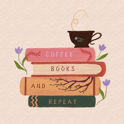 Coffee ☕ Books 📚 and Repeat 🔁 . . . . . . (Coffee, books, novels, reading, reader, stickers, bookmarks, illustration) . . . . . . . #reading #reader #bookmarks #stickers #magneticbookmarks #novels #illustration #illustrator #cozy #digitalart #infinitypainter Cozy Bookish Aesthetic, Reading Aesthetic Illustration, Cozy Book Illustration, Books And Coffee Illustration, Book Illustration Aesthetic, College Books Aesthetic, Reading Asthetic Picture, Novel Aesthetic Pics, Reading Inspo Aesthetic