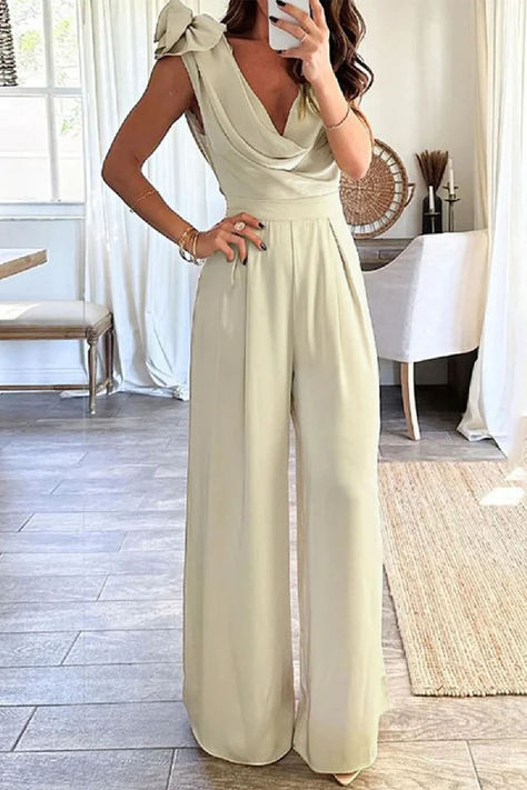 Sexy Solid Asymmetrical Scarf Collar Jumpsuits Collar Jumpsuit, Jumpsuit Elegant, Asymmetrical Neckline, Romper With Skirt, Spring Outfits Casual, Casual Summer Outfits, Long Blouse, Apricot, Jumpsuit Dress