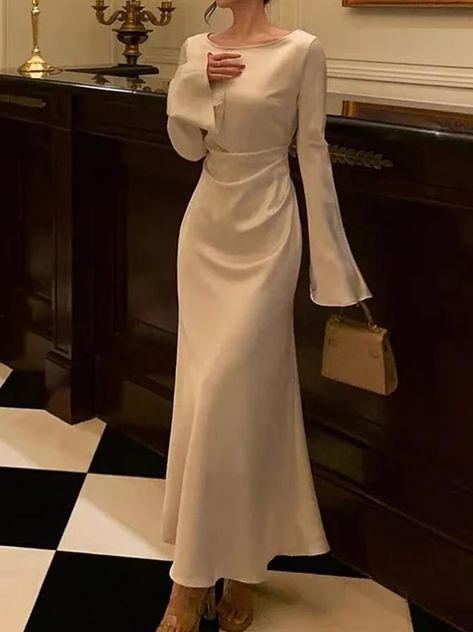 Chic White Maxi Dress For Banquet, White Long Sleeve Maxi Dress For Banquet, White Long Sleeve Maxi Dress For Formal Occasions, White Long Sleeve Formal Maxi Dress, Elegant White Maxi Dress For Banquet, Bodycon Gown Long Classy, Elegant Bell Sleeve Solid Dresses, Elegant White Maxi Dress For Dinner, Elegant Solid Color Bell Sleeve Dresses