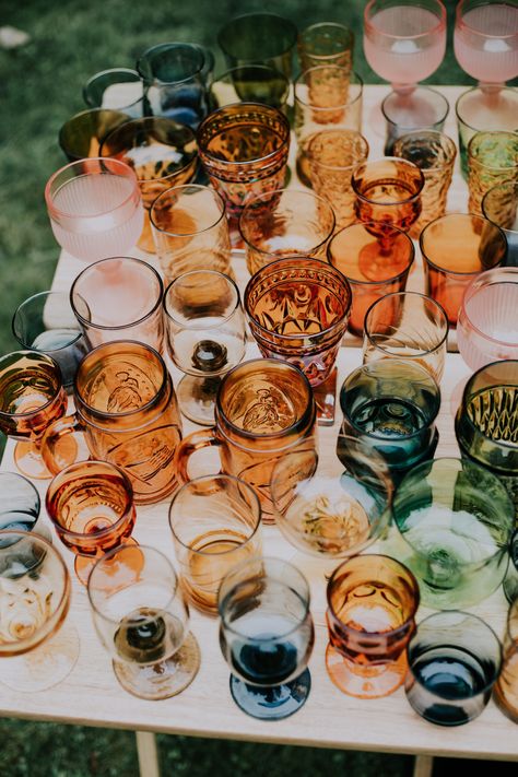 This arrangement of vintage coloured glass cocktail glasses is such a cute addition to a Gatsby inspired lawn wedding. Eclectic Wedding, Future Wedding Plans, Wildflower Wedding, Whimsical Wedding, Wedding Mood Board, Wedding Goals, Wedding Mood, Forest Wedding, Here Comes The Bride