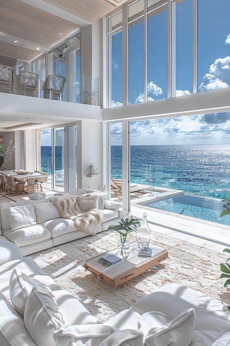 Coastal Concept Interior Design, Beach House Colorful Interior, Beach Home Inspiration, Florida Luxury Home Interiors, Blue And White Beach House Interiors, Modern Houses Aesthetic, Modern Coastal Home Aesthetic, Life Inspiration Aesthetic, White Beach House Aesthetic