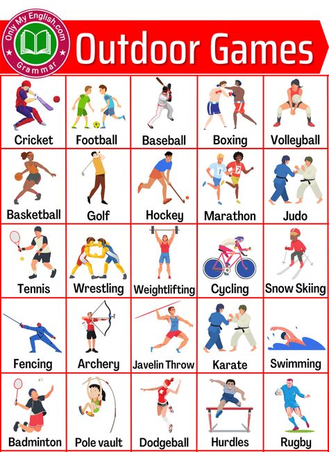 List of Outdoor Games Name with Picture » OnlyMyEnglish All Sports In One Picture, Outdoor Games For Kids At School, General Knowledge For Kids, Game Name, Outdoor Game, Outdoor Games For Kids, General Knowledge Book, Good Vocabulary Words, Good Vocabulary